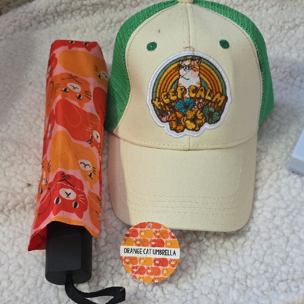 Green and Cream Keep Calm Cap with Orange Cat Umbrella - Picture 2 of 3